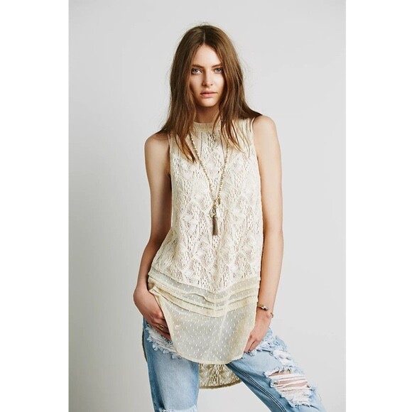 Free People Maisie Tunic Cream Lace High Neck Sleeveless