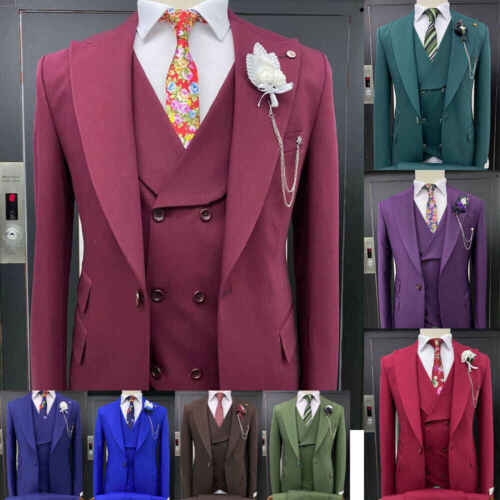 Men Suit 3Pcs Commerce Groom Peak Single-Breasted Formal Business+Pants+Vest - Afbeelding 1 van 24