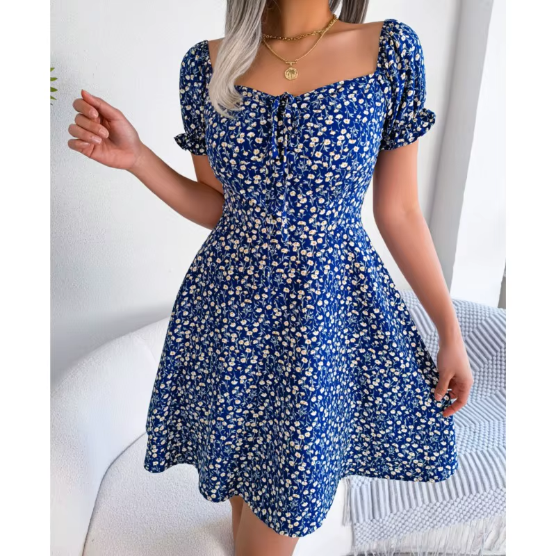 S-XL Elegant Puff Sleeve Drawstring Lace Up Dress Casual Fashion
