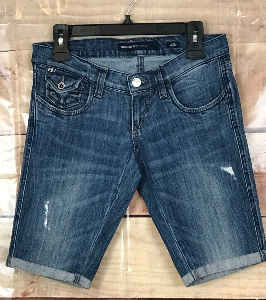 Miss Sixty 女式 26 低腰蓝色牛仔短裤仿旧弹力袖口 — 第 2/4 张图片