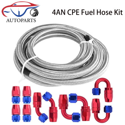 4AN AN4 Stainless Steel Braided CPE Oil Gas Fuel Hose Line Kit + 10 End Fittings