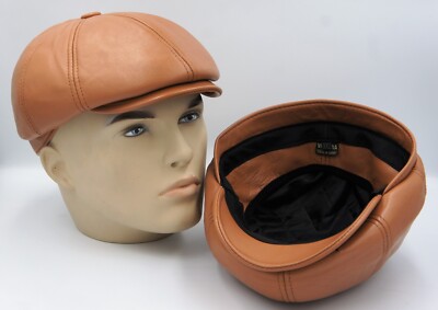 Victoria REAL 100% LAMBSKIN LEATHER Newsboy Gatsby Cap M-3XL, TAN-COGNAC