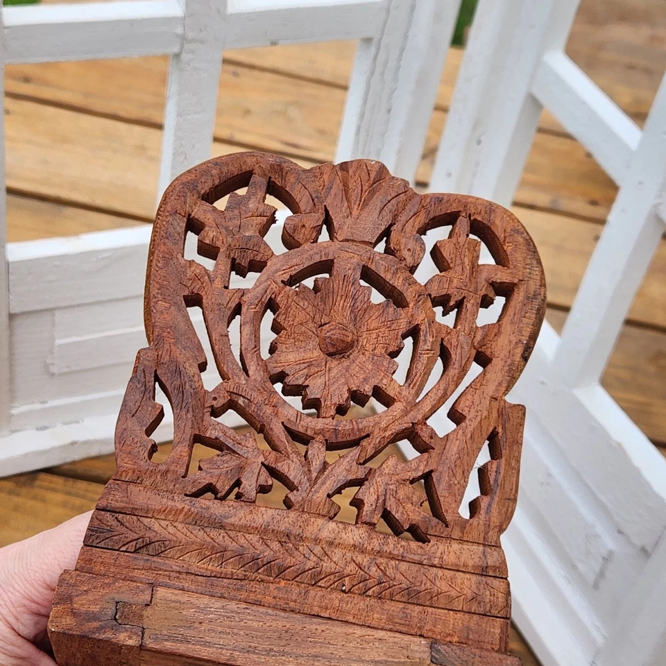 Estuche Sujetalibros Vintage Madera Tallada a Mano Boho Mesa Expandible Diseño Floral Foto 3 de 4