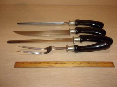 VINTAGE FLINT VANSAIUM U.S.A ARROWHEAD STAINLESS CARVING SET BLACK HANDLE