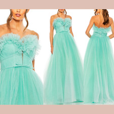 NWT Mac Duggal [ 6 ] 20555 Strapless Ruffle Glitter Tulle Gown Aqua Ombre #J1542