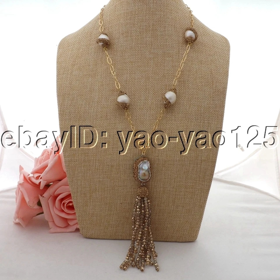 22" Freshwater Cultured White Keshi Pearl Chain Crystal Pendant Necklace - Image 2 of 4