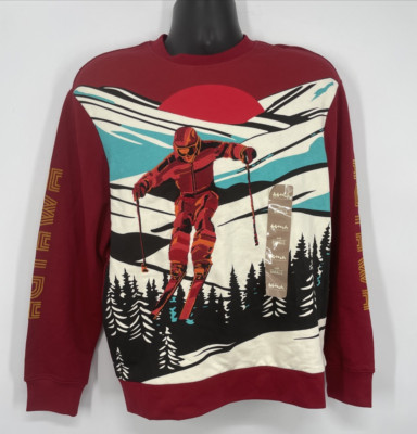 AGTAWH Men's Red Dahlia French Terry SLALOM CREW NECK Sweatshirt Size Small