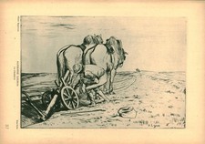 Gravure ancienne photo Hypérion Eau-Forte A. Legros la charrue issue du livre