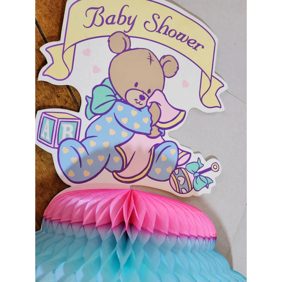 Lote de 4 piezas vintage de baby shower oso de peluche de panal centro de mesa cigüeña y pancartas Foto 4 de 4