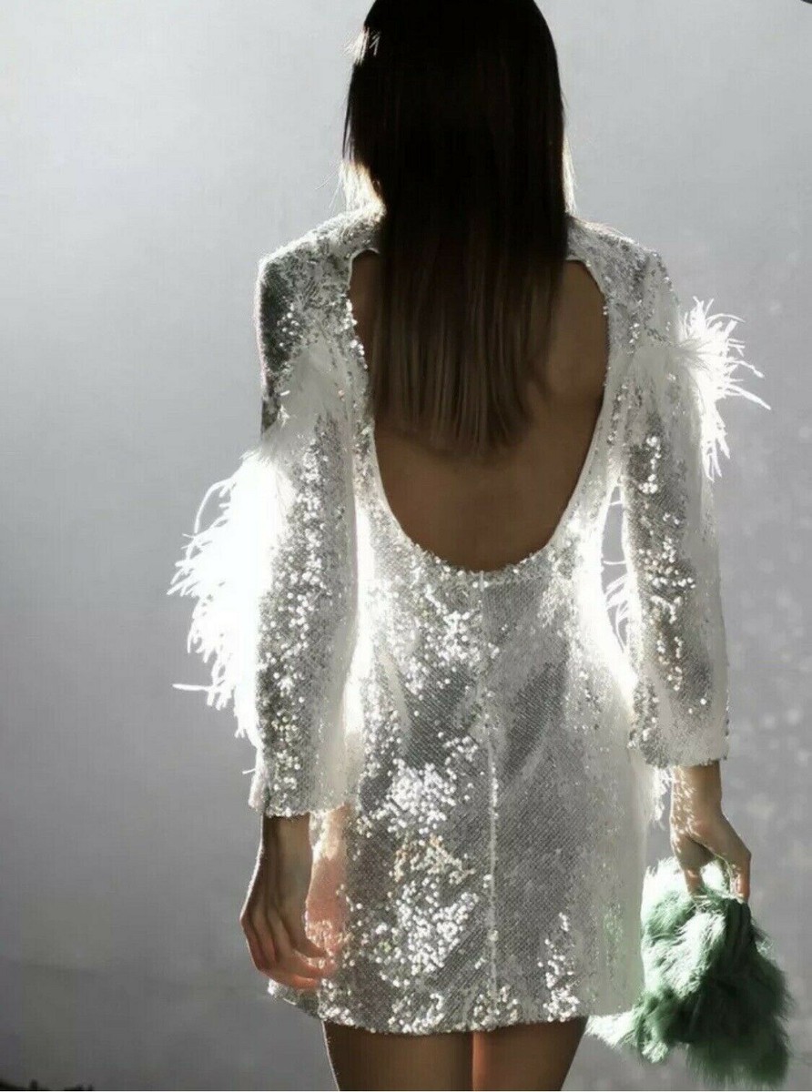 ZARA NEW WHITE SHORT CONTRAST SEQUINNED DRESS FEATHER DETAIL