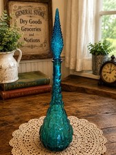 Vintage Large Empoli Genie Bottle Teal Blue Butterfly Flowers See Descrip 22.75