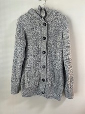 Cozy Gray Knit Hooded Cardigan Sweater with Sherpa Lining, Medium