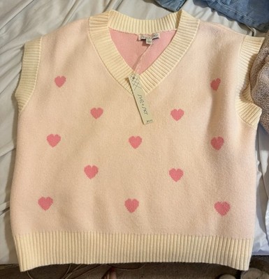 SHE + SKY Off White Pink Heart Short Sleeve Sweater
