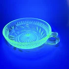 Vintage Uranium Glass Handled Bowl Green Depression Glass Floral Etched Glows UV