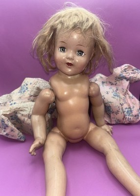 Vtg Antique Bisque 18'' Blonde Hair Sleepy Eye Girl Doll w/ Clothes ~ See Pics