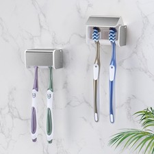 2 PCS Toothbrush Holders Wall Mounted with Cover, Electric Brushed Silver