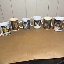 6-Pc Cat Mug Lot – Ivory Cats + Lang Wise – Vintage Cat Lover Coffee Cups