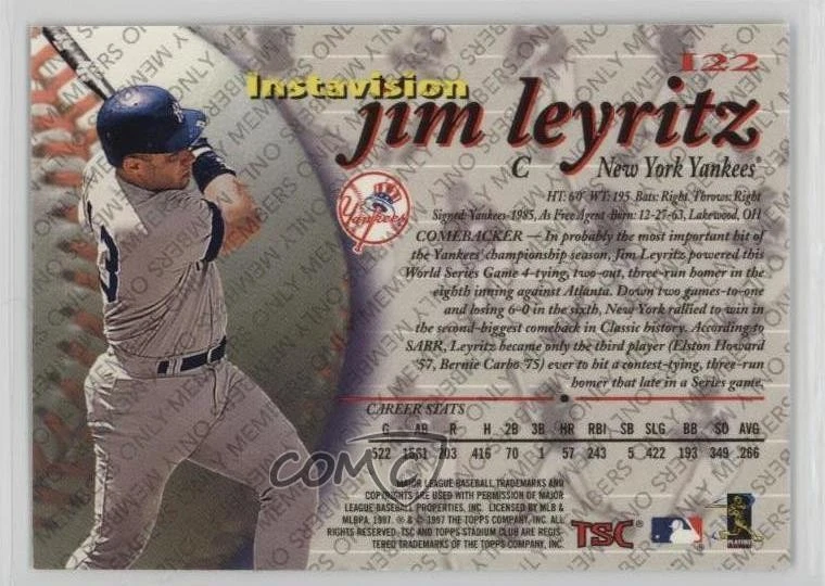 1997 Topps Stadium Club Instavision Members Only Jim Leyritz #I22 - Image 2 of 2