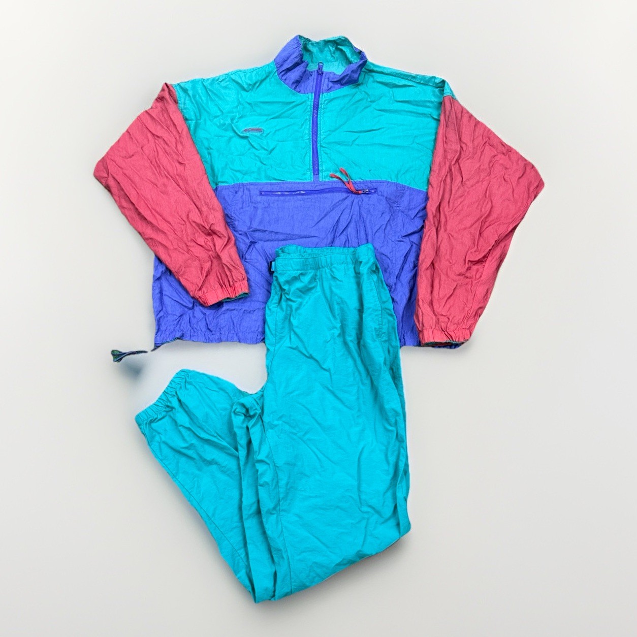 Vintage Columbia Windbreaker Anorak & Pants XL Teal Track Set Colorblock 80s 90s