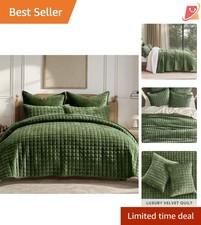 Velvet Quilt Set Full Queen Ultra Soft All Season Bedding with Shams Green