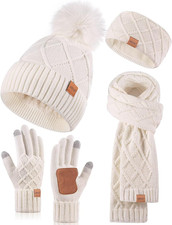 Womens Winter Hat Gloves Scarf Headband Set 4-in-1 Warm Pom Pom Gift Set