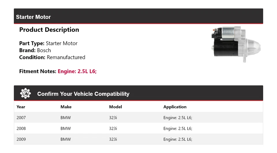 For 2007-2009 BMW 323i 2.5L L6 Bosch Starter (Remanufactured) 2008 - Image 2 of 4