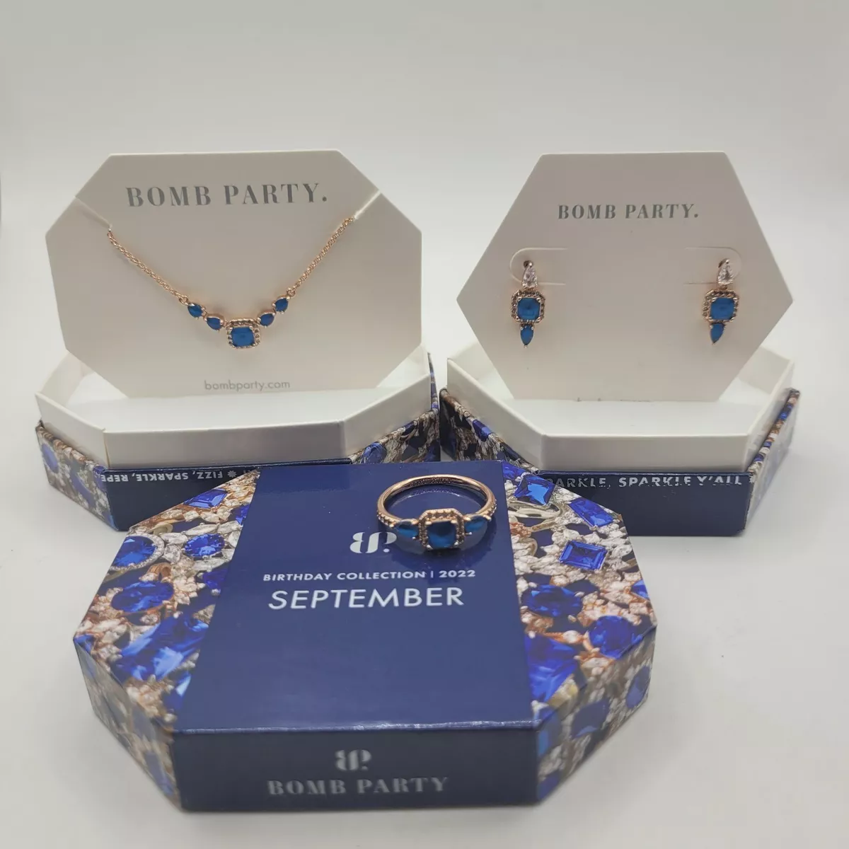 Bomb Party Matching Necklace Earring & Ring Set LC Sapphire Rose Gold  Plating