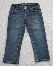 Size 5 Junior Wallflower Crystal Accent Embroidered Crop Dark Blue Wash Jeans