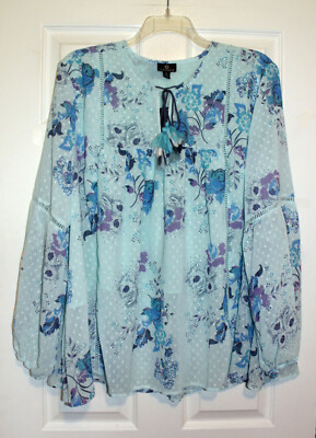 Curations 2X Plus Blue Floral Dotted Chiffon Long Sleeve Blouse NWT