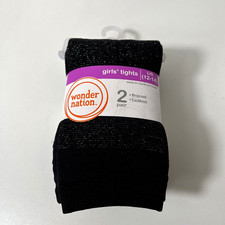 NWT Wonder Nation Girls Tights L/G 12-14  2 Pair Fleeced Footless Black WN12T