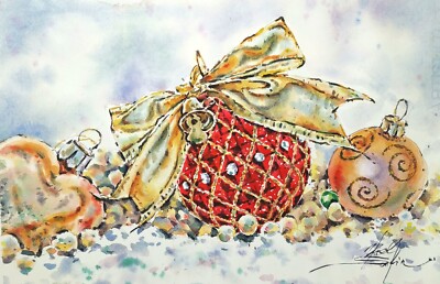 Original Aquarell Weihnachtskugeln Gemälde - Holiday Time Wandkunst, 10,5 Zol...