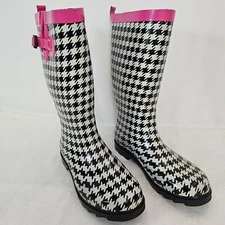 Capelli New York Women's Rain Boot Wellingtons Houndstooth Sz 10 Pink Trim