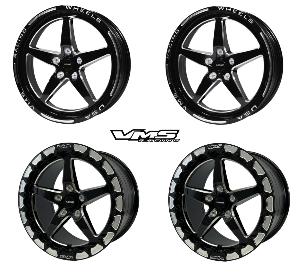 VMS RACING V-STAR BEADLOCK DRAG RACE WHEELS R 17X10 F 18X5 15-22