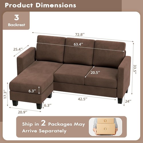 Convertible Sectional Sofa Couch, 3 Seat L-Shaped Sofa with Linen Fabric - Picture 2 of 6