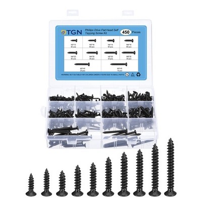 450Pcs Wood Screws Assortment Kit 10 Sizes Steel M3/M4/M5 Phillips Head Black