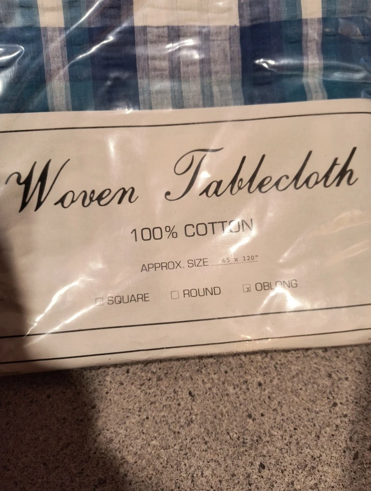 New Oblong Blue Plaid Tablecloth Woven Cotton 65"X120" Farmhouse Cottage  - Image 4 of 4