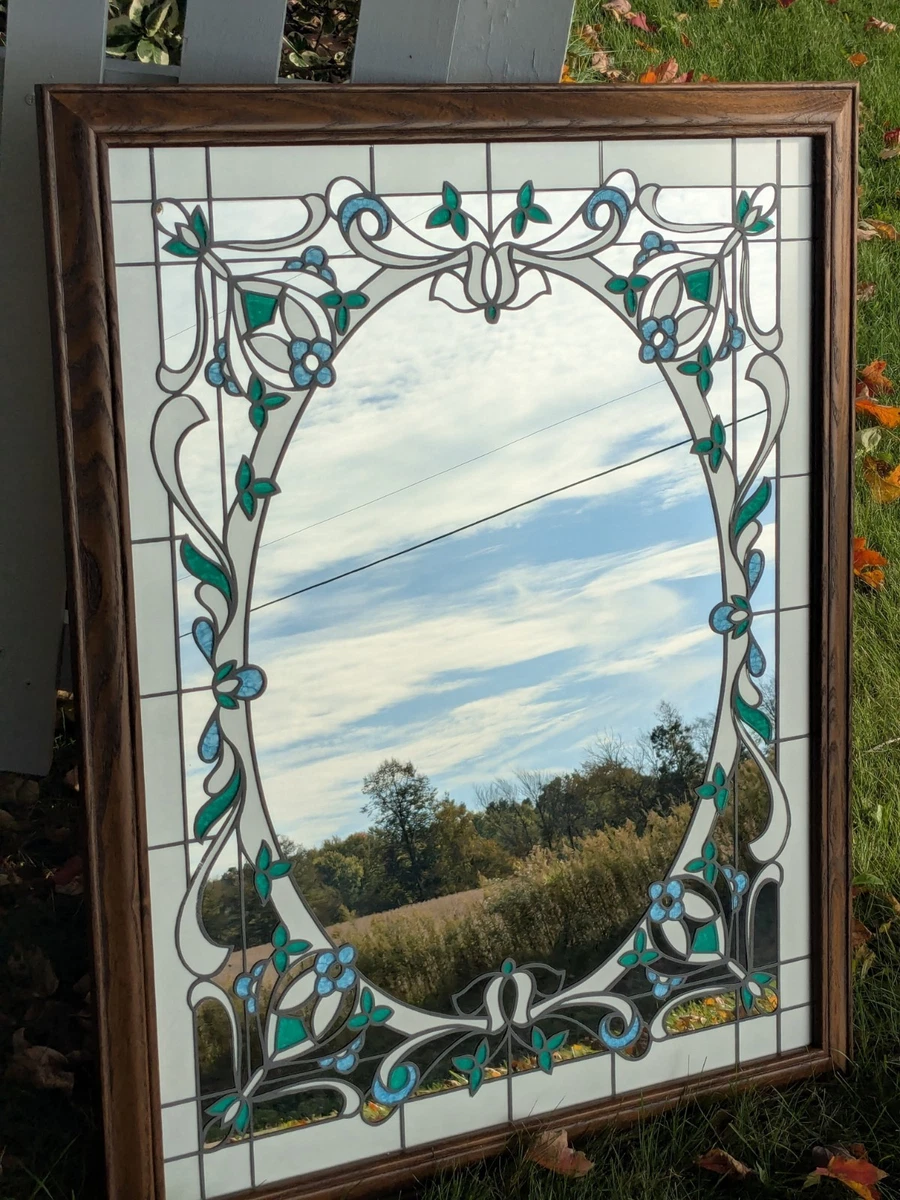 Windsor Art Marsel Wood Framed Wall Etched Mirror Faux Stained Glass MCM Vintage