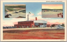 Vintage 1937 FLINT, Michigan Postcard "BISHOP AIRPORT" 3 Views / Curteich LINEN