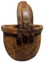 Rare Chinese Woven Willow Rice Gathering Basket With Wood Triple Handles