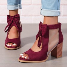 Platform Chunky High Heels Women's Sandals Bow Decoration Open Toe Block Ankle S