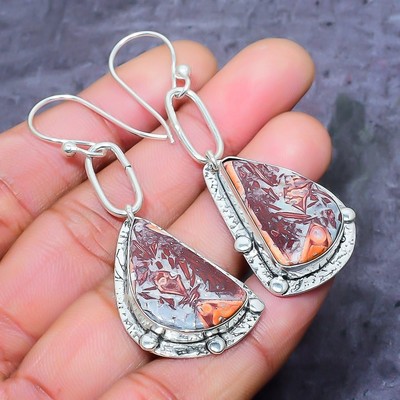 Leopard Skin Gemstone Handmade 925 Sterling Silver Jewelry Earring 2.48'' e629