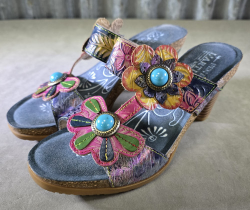 L'Artiste Spring Step Bari Floral Leather Heeled Sandals Blue Multi Women's 38