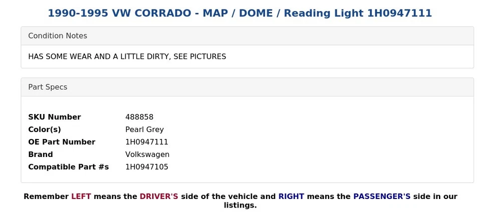 VW CORRADO 1990-1995 - MAPA / CÚPULA / luz de lectura 1H0947111 Foto 3 de 4