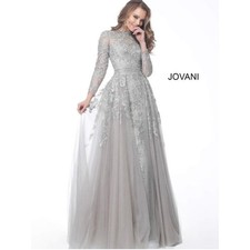 Jovani Silver Beaded Embroidered Long Sleeve Evening Gown Dress Grey Sz 12 NWT