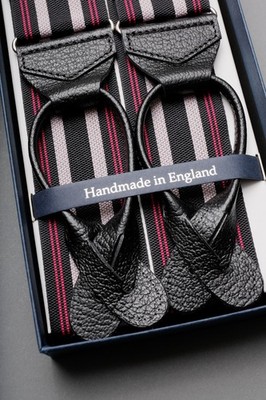 Albert Thurston Hosenträger Schwarz Flieder Rot gestreift, Ziegenlederschlaufen