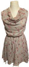 Grey Pink Feather Print Lined Size 8 Dress Cowl Neck