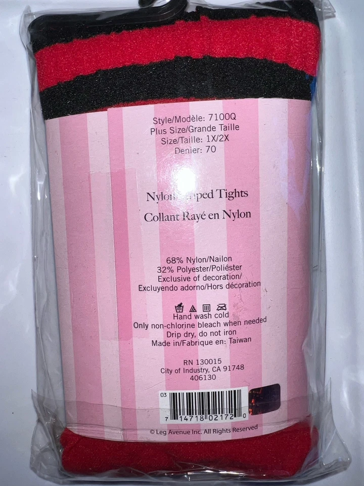 Red Black Brand New Plus Size Nylon Stripe Tights Pantyhose Leg Avenue 7100Q - Image 2 of 2