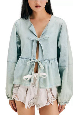Free People Brunch Babe Self-Tie Denim Jacket Womens Size Large Blue Boho