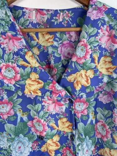 Vintage Dress Size UK 18 Blue Floral Asymmetric Below Knee Midi Stretchy 90s - Picture 3 of 12