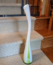 Green & White Studio Art Glass Vase Striped Long Curved Stretch Neck
